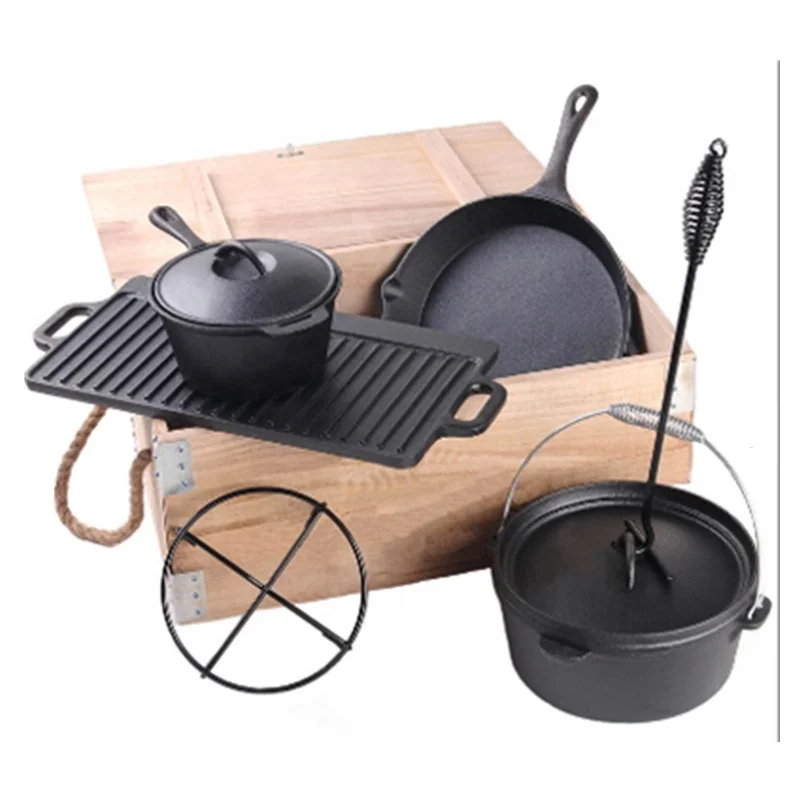 

Hot sale 7 pieces cast iron outdoor camping cookware set pots and pans cooking pot set