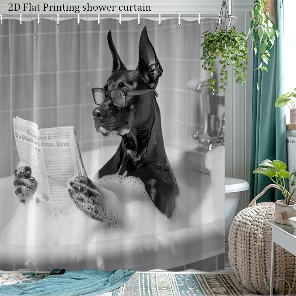 2D Flat, [2D Flat Printing]1pcs Funny Dog Bath Curtain with Black Great Dane Reading Newspaper in Foam Vintage Bathroom Decor Sh