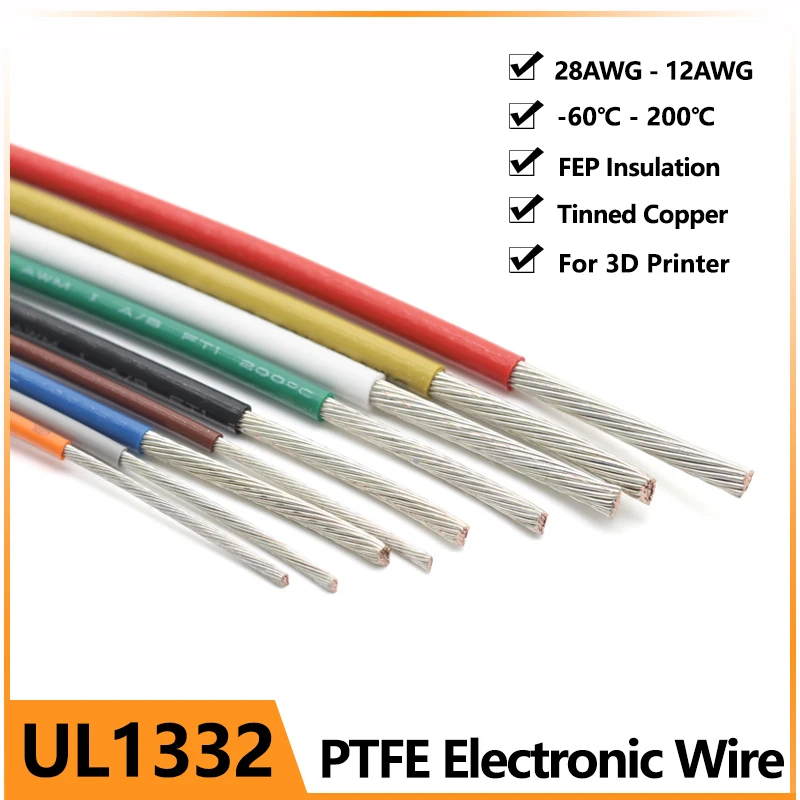 1/5M UL1332 PTFE Wire 28/26/24/22/20/18/16/14/13/12 AWG FEP Plastic Insulated For 3D Printer High Temperature Electron Cable