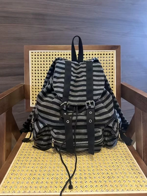 Newjeansing Same Retro Stripe Backpack Korean Casual Backpacks Drawstring Y2K College Student Large Capacity Versatile Women Bag