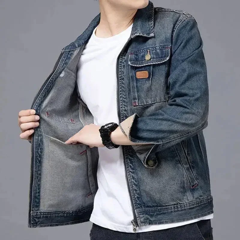 Men's Denim Jacket Lxury Blue Male Jean Coats Zip V Cargo Elatic Low Price Trendy of Fabric Big Size Winter Outerwear L Designer