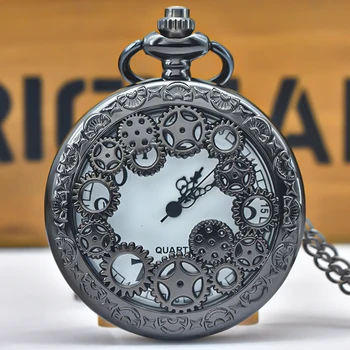 Black Hollow Gear Carved Quartz Pocket Watch Necklace Pendant Clock Chain Men Women…