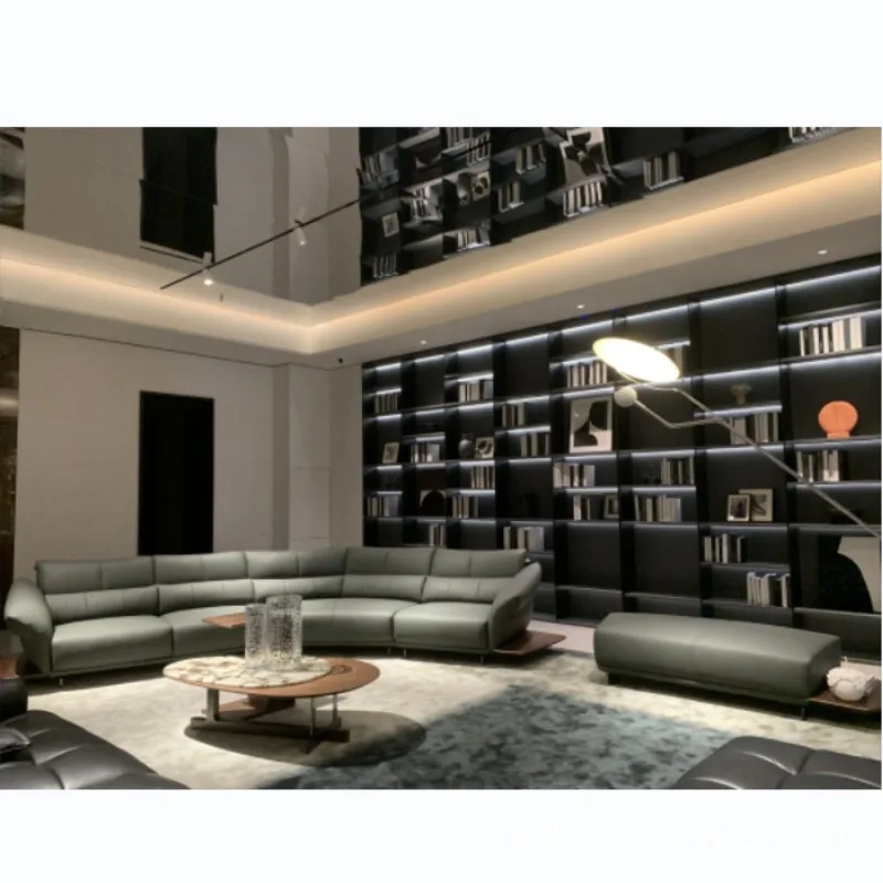 Leather sofa large flat living room combination simple furniture soft sofa