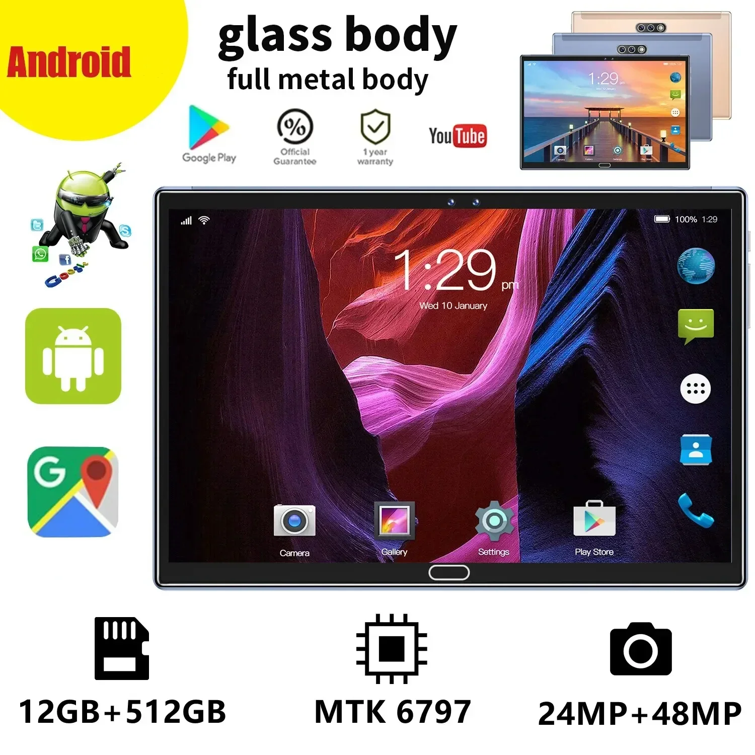 

2024 Gobal версия Android планшетный ПК 10,1 дюймов Android 12 ГБ 512 ГБ Deca Core Google Play WPS 5G WIFI Bluetooth ноутбук