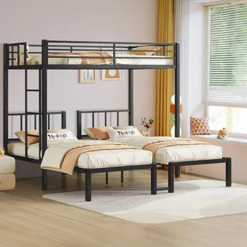 Literas. Literas gemelas sobre dos camas gemelas y gemelas para 3, litera triple para 3 con barandillas, escalera y plataforma de cama superior, para niños