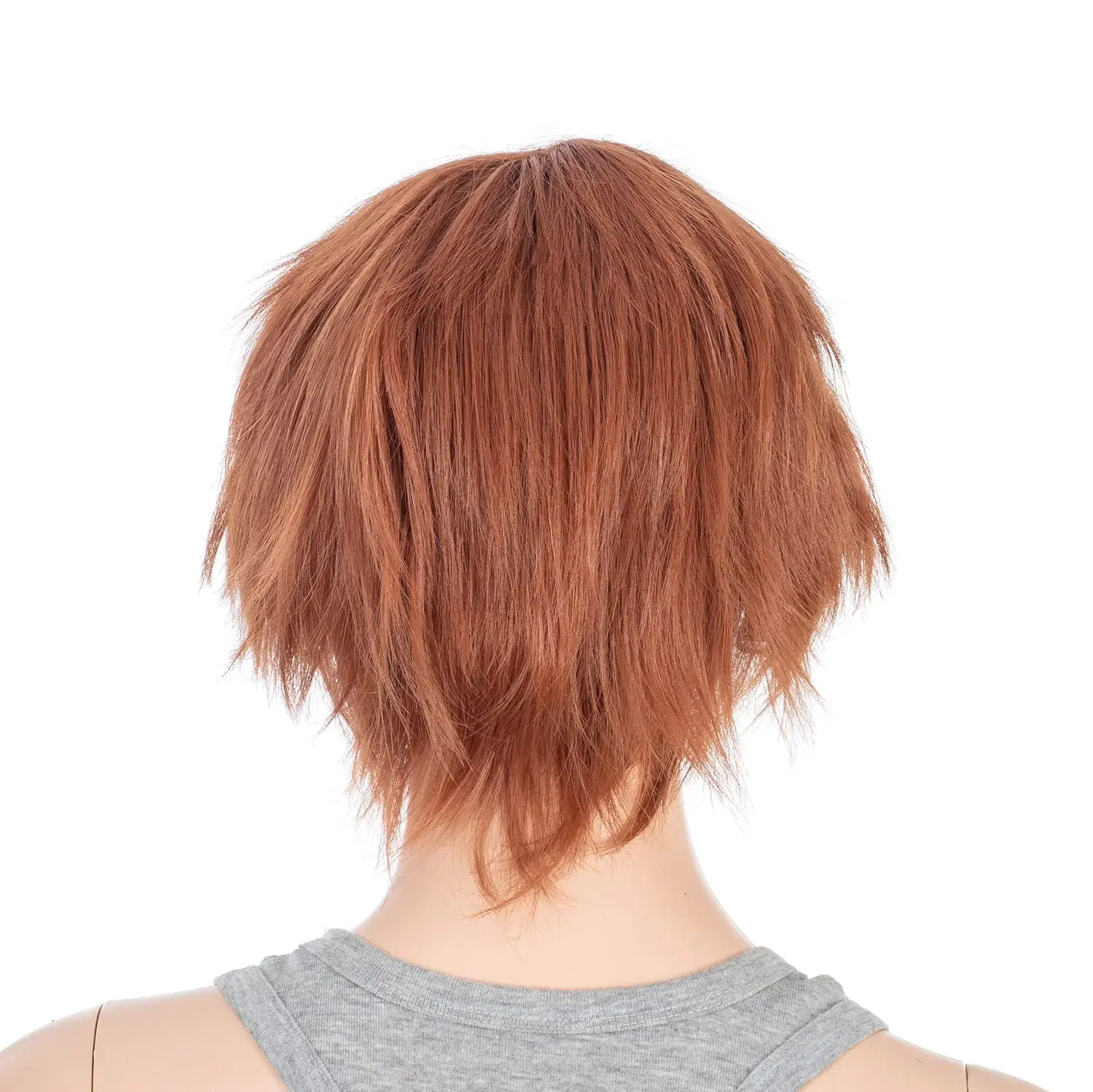 Perruque de cosplay anime courte à couches pointues à la mode unisexe pour hommes et femmes rouge cuivre foncé