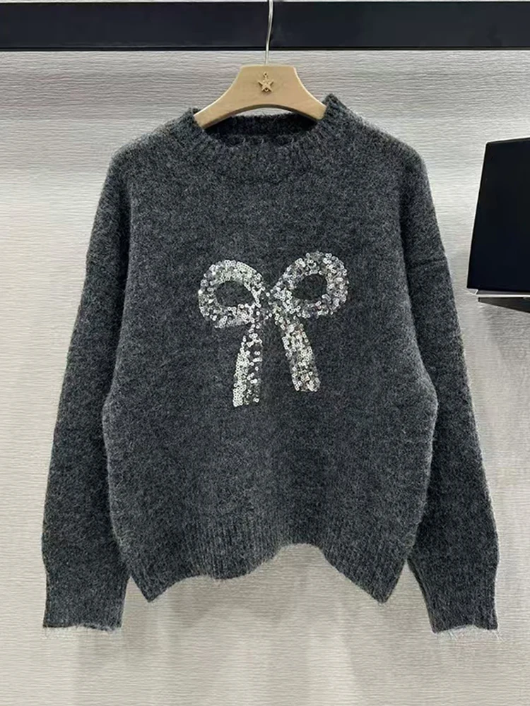 2024 Winter Women's new vintage sequin bow embellished crewneck wool sweater Fashion all-in-one straight tube knit pullover