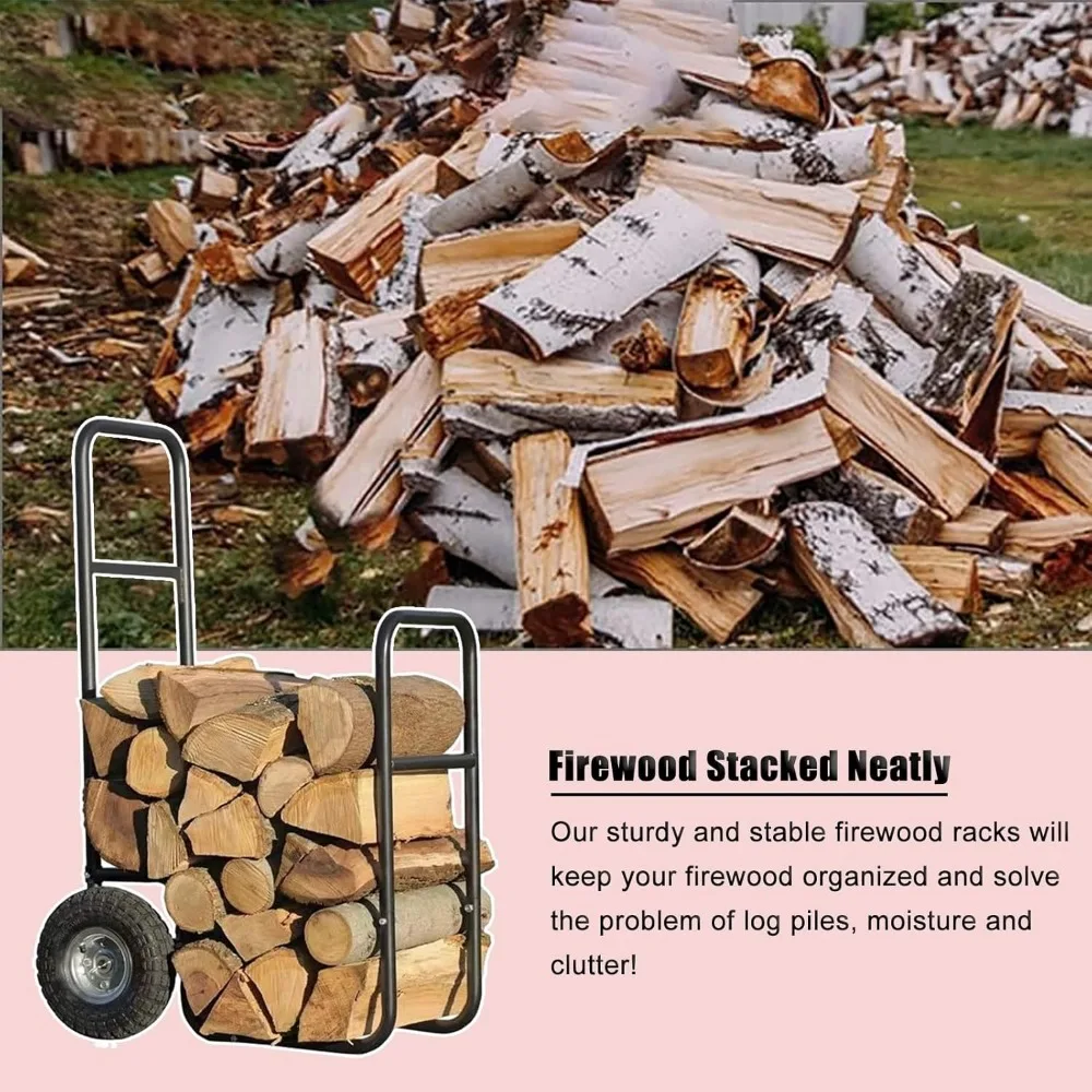 Portable Firewood Log Storage Rack with Wheels, Pushable Indoor Outdoor Firewood Rack, Heavy Duty Household Kindling Holder Wood