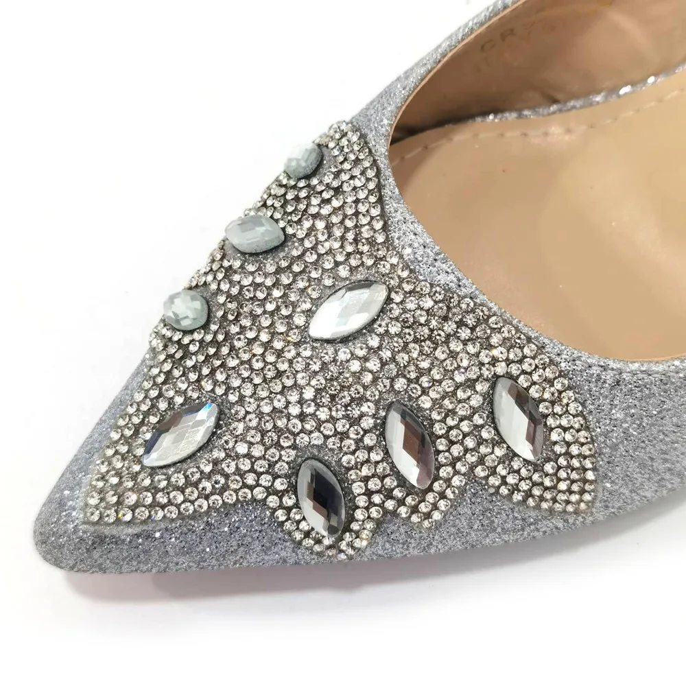 2023 Nigerian Women's Silver Mid Heels Frosted Crystal Shiny Rhinestone Party Italian Design Pointed Shoes And Bag Set