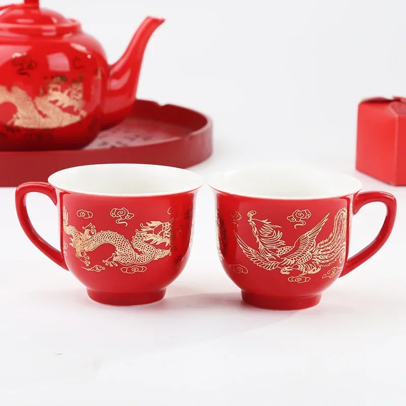 

For Marriage Services Tea Cup Set, Dragon And Phoenix Couples Mug, Chinese Red Ceramic Teaware, Wedding Gift Porcelain, Small 12