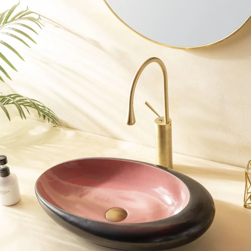 

Oval countertop washbasin, pink black creative washbasin, French retro washbasin suitable for balcony bathroom GN830YB