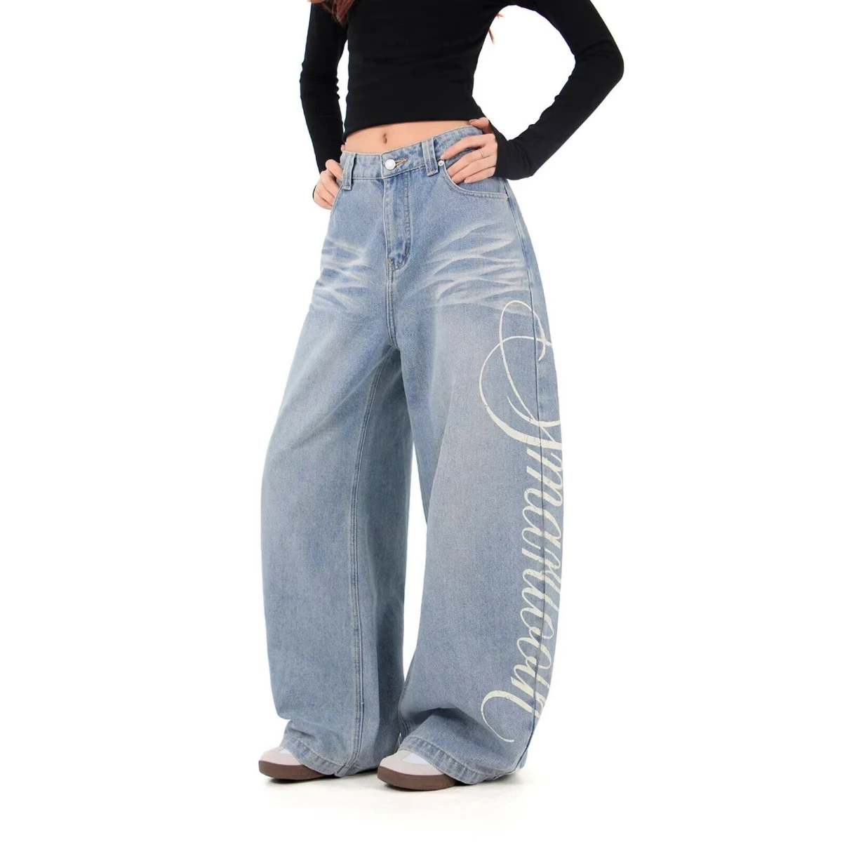 

Retro Blue Denim Jeans Women's Loose Straight Leg Wide Leg Pants Floor-Length Trousers Autumn Winter New Arrival