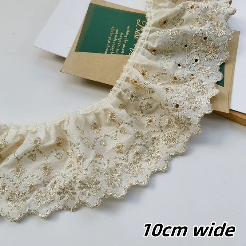 Beige Gold Thread Embroidery Hollow Pleated Cotton Fabric Lace DIY Girls Clothing Skirt Sofa Curtain Edge Sewing Material Supply