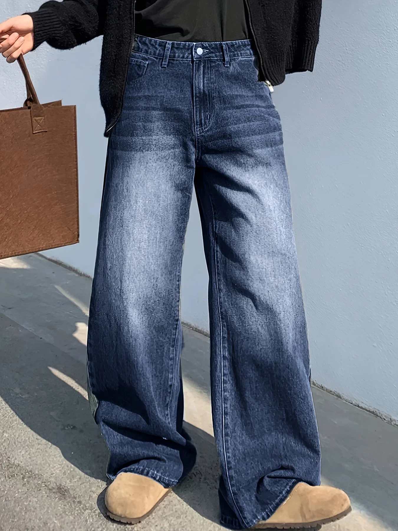 1 Piece American Gradient Wash Baggy Jeans, Dark, Casual Style, All Seasons, Pocket Detailing, Relaxed Fit, Fit for Adults