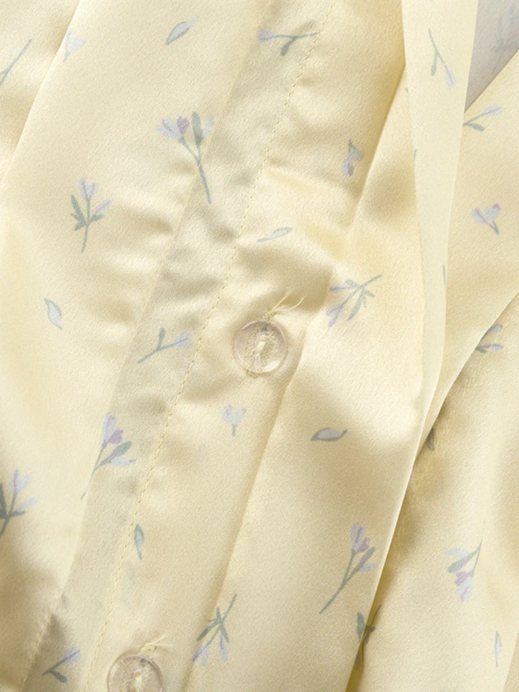 Chic Yellow Satin Blouse V Neck Long Sleeve Button Cuff Loose Fit Silky Women Spring Autumn Street Elegant Fashion Daily Shirts