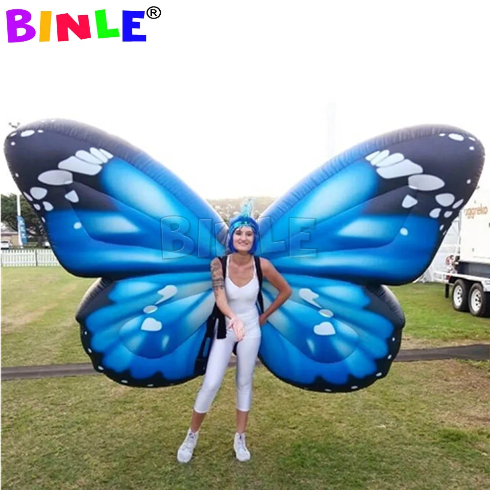 Club Party Decorative Blue Flying Inflatable Butterfly With LED Light Strips Giant Adult Performance Costume For Event