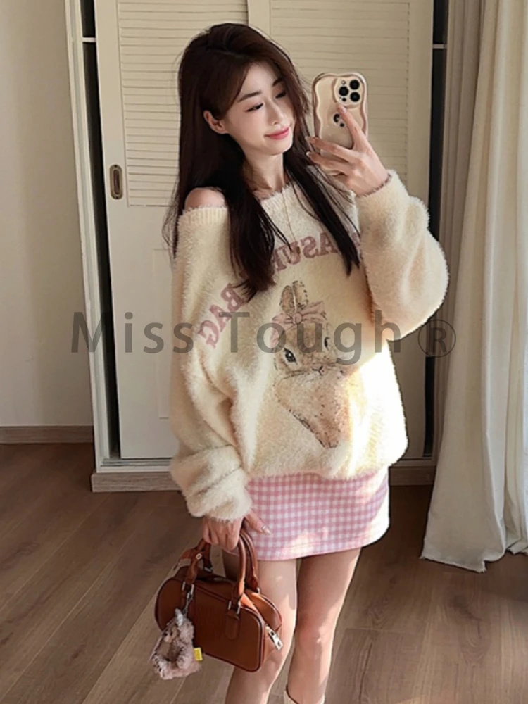 Winter Kawaii Knitted 2 Piece Set Women Casual Sweet Print Sweater + Plaid Skirt Suit Female Korean Fashion Vintage Cute Set New