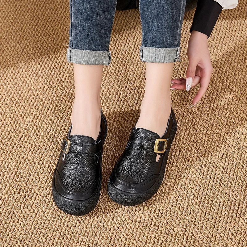 Original Natürliche Leder Schuhe für Frauen Vintage Komfort Runde Kappe Schnalle Wohnungen Frau Slip Auf Orthopädische Loafers Damen Mokassins – Detail 16