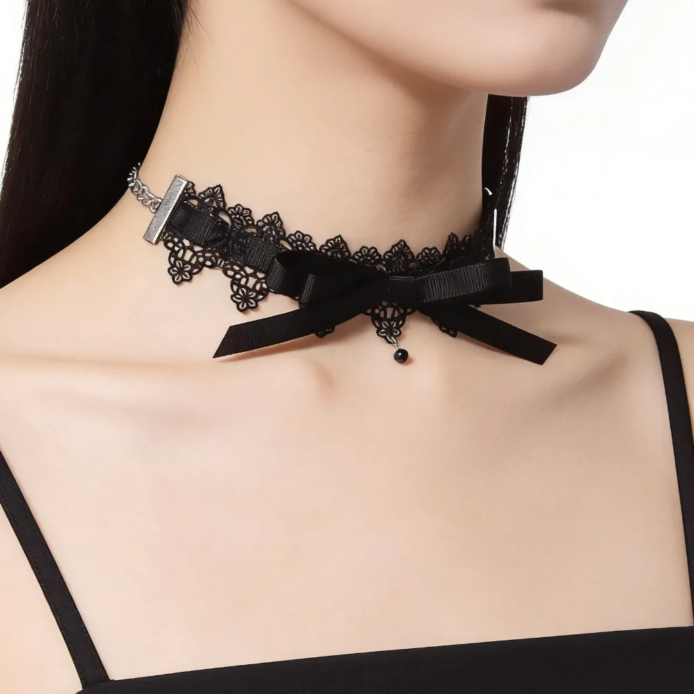 Gothic Vintage Black Lace Bowknot Choker Necklace Elegant Short Collar Chain Fashion Jewelry for Women view 2