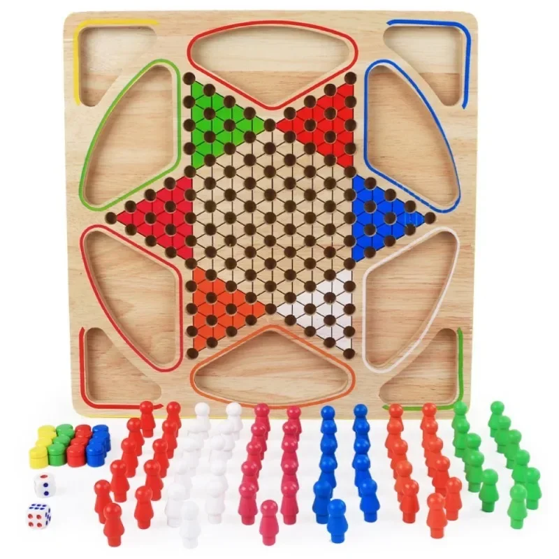 2 in 1 Double-Faced Mini Chess Game Checkerboard Wooden Flying Chess Chinese Checkers Flying Ludo Board Set Kid Family Toy