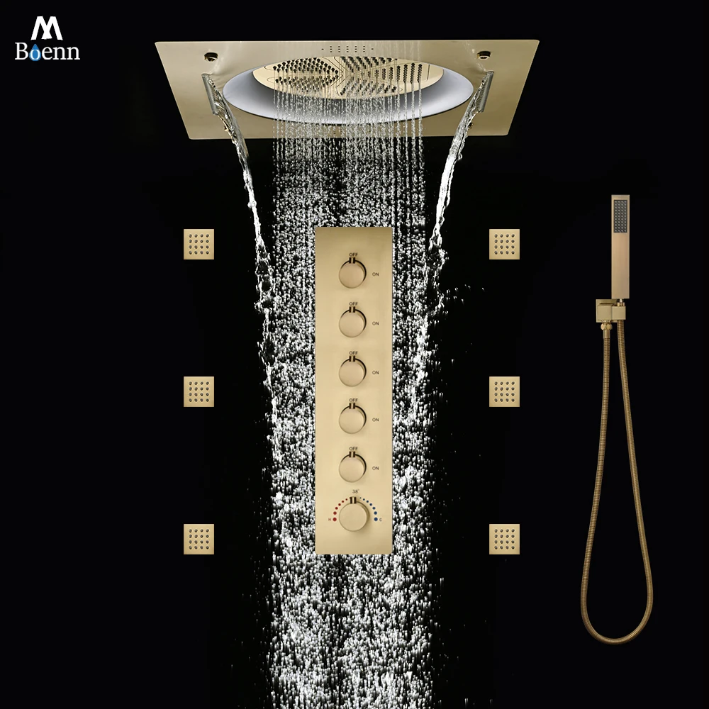 

M Boenn Роскошный смеситель для ванной комнаты Золотая душевая система Набор Термостатический смеситель Большая насадка для душа с дождевой насадкой Lavish Shower Experience