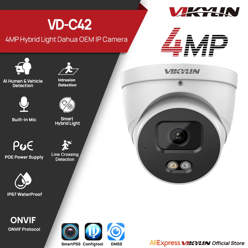 VIKYLIN 4MP IP Security Camera Smart Dual Light Built-in Mic SMD2.0 Outdoor Support Onvif IP67 Perimeter Protection Metal Shell