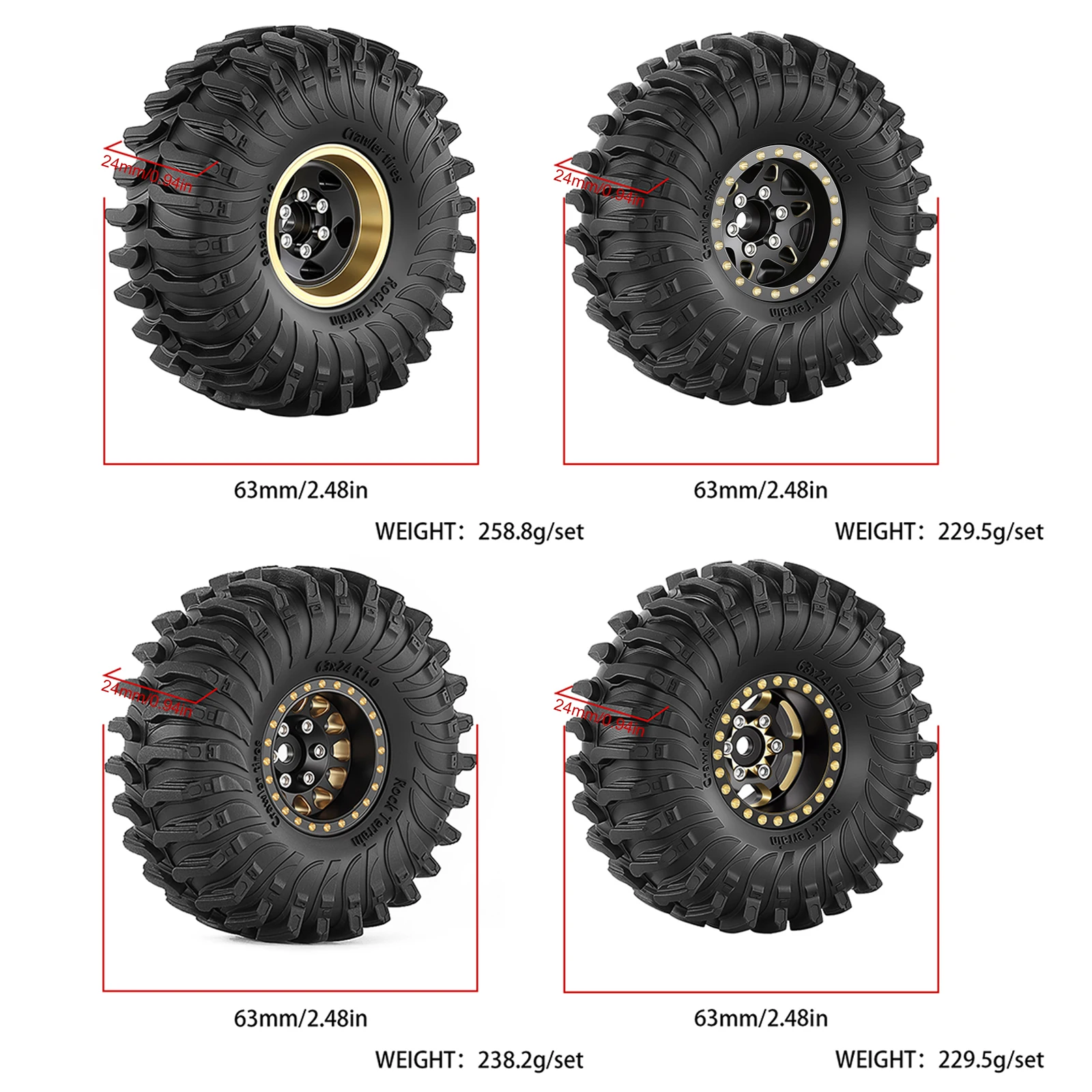 RCMMTING 4pcs 1.0'' Brass Beadlock Wheel & Tire Set 63*24mm for 1/18 1/24 RC Crawler Car TRX4M Axial SCX24 AX24 Upgrade Parts