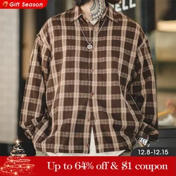 Maden Vintage Brown Plaid Long-sleeved Shirts for Men Autumn Textured Loose Casual Shirt Jacket for Layering or Outerwear