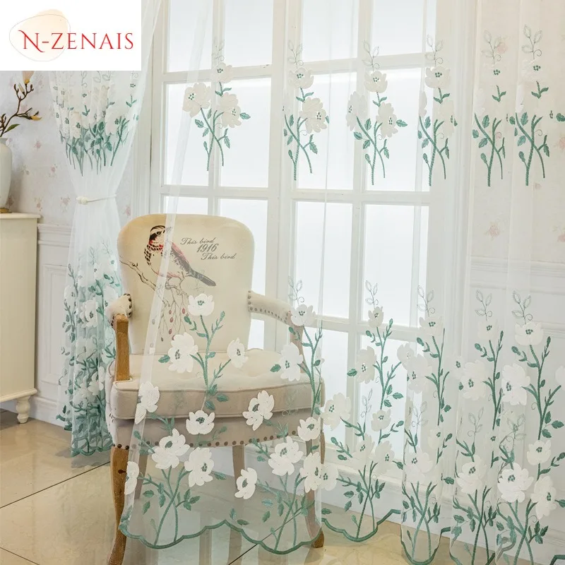 

Custom Size Translucent Embroidered Blue American Luxury Pastoral Flower Curtains for Living Dining Room Bedroom White Tulle