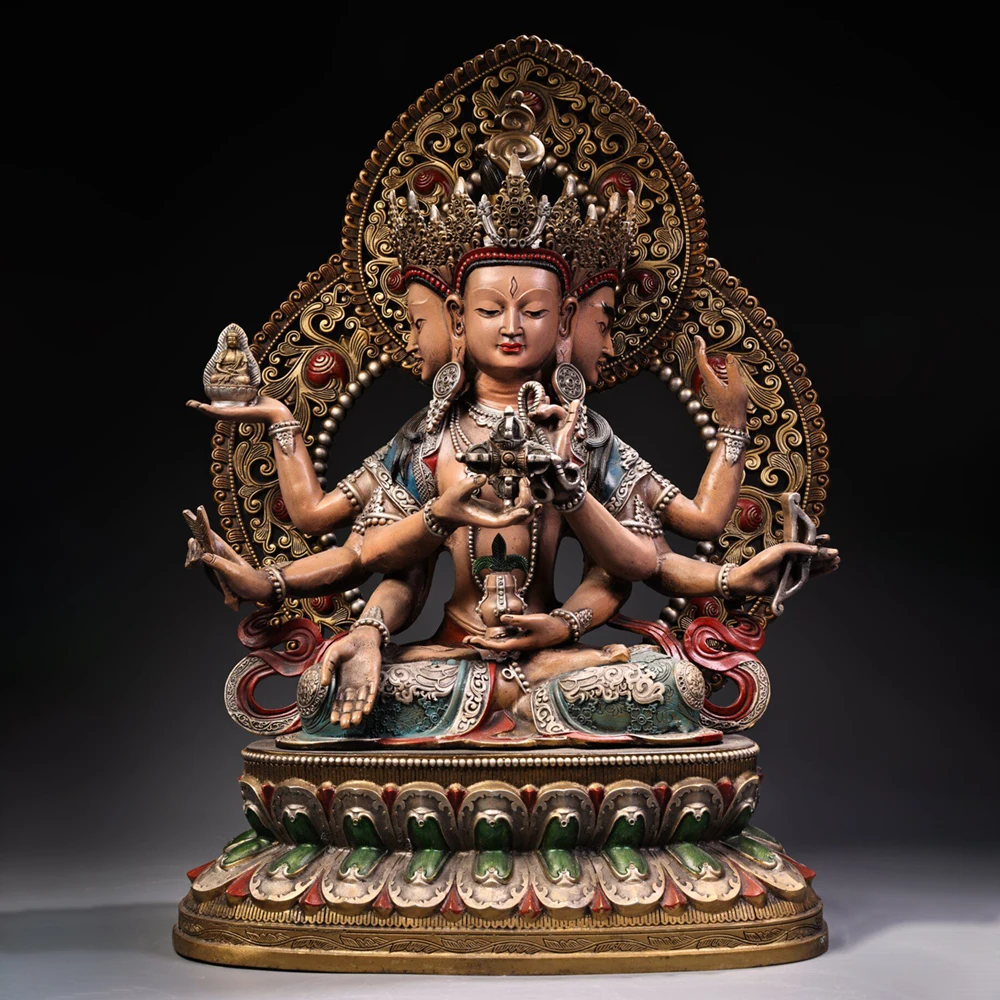 Ushnishavijaya Buddha Figurine Antique Copper Painted Gold Serene Face Heavy Patina Tibetan Buddhist Altar Decor Collectible