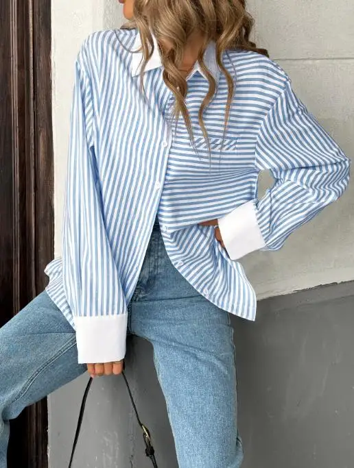 

Women Blouse 2025 New Spring Autumn Striped Patchwork Fashionable and Elegant Turn-Down Collar Long Sleeve Versatile Shirt