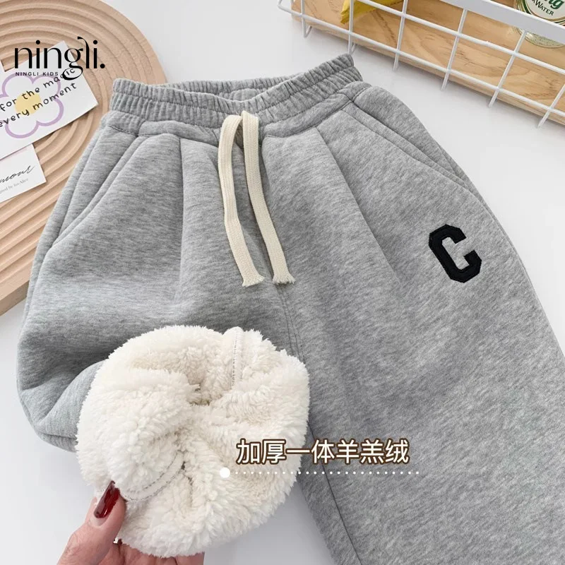 

Boys Cashmere Pants Winter Warm Children Single-Layer Fleece-Lined Velvet Thick Cotton Pants Kid Baby Casual Sweatpants