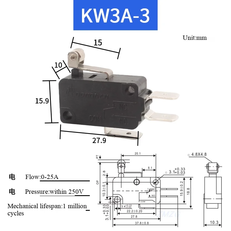 KW8-Serie Kupferkontakt Fußbreite 6,3 mm Großer Mikroschalter mit großer Schaltweglänge Mikro-Tastendruckschalter – Detail 7