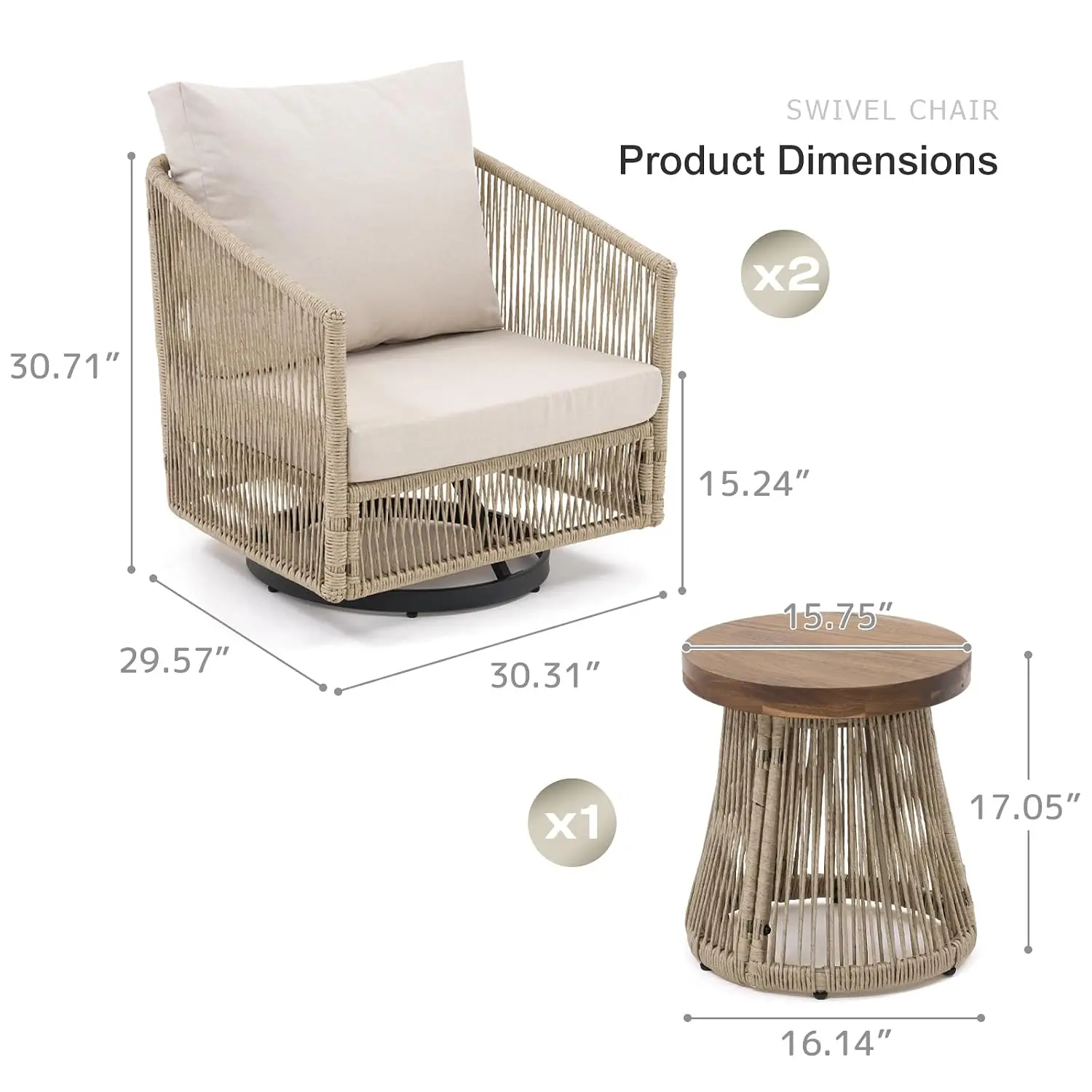 Modern Open Weave Swivel Patio Furniture Set 3-Piece Outdoor Garden Balcony, Customized