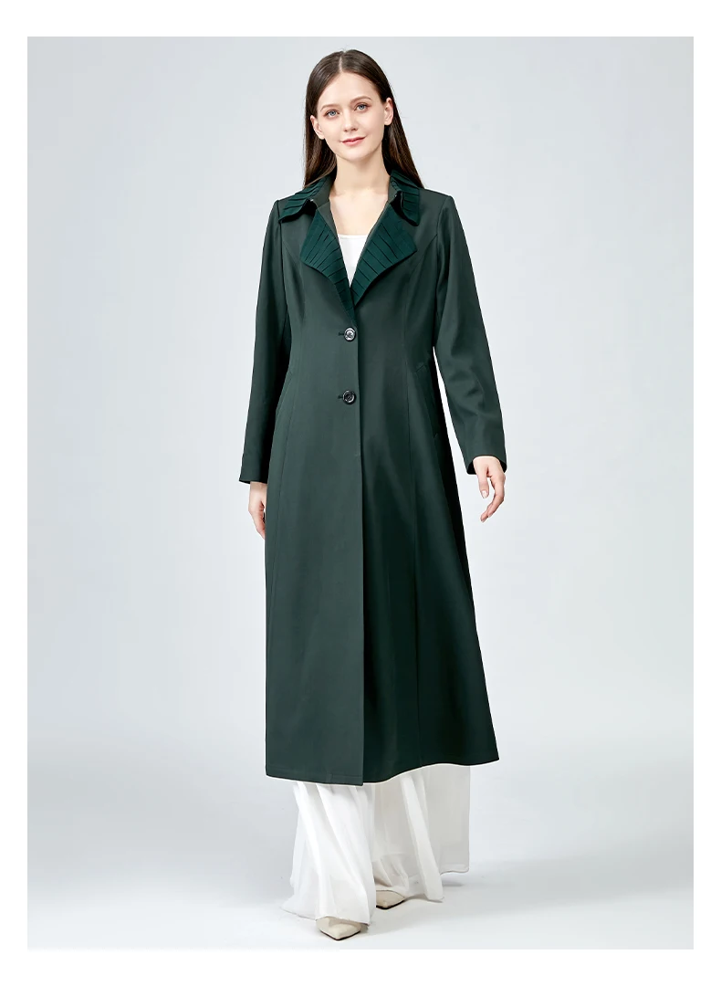 

Office Darkgreen Folds Turn-down Collar Silk Women Fashion Trench Coat Long Sleeve Jacket Skirt Windbreaker Spring New FE217