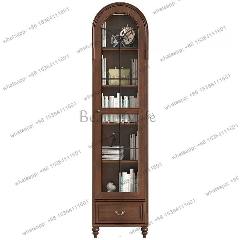 

American medieval solid wood arched bookcase small apartment household display cabinet with glass door