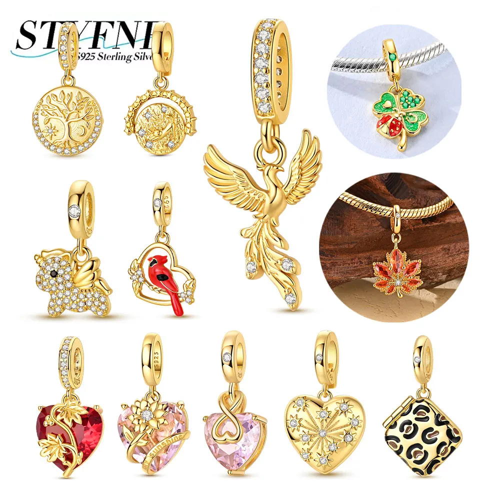 Gold Plated 925 Sterling Silver Phoenix Unicorn Clover Maple Leaf Heart Beads Fit Bag Charms Bracelet Jewelry Gifts for Women