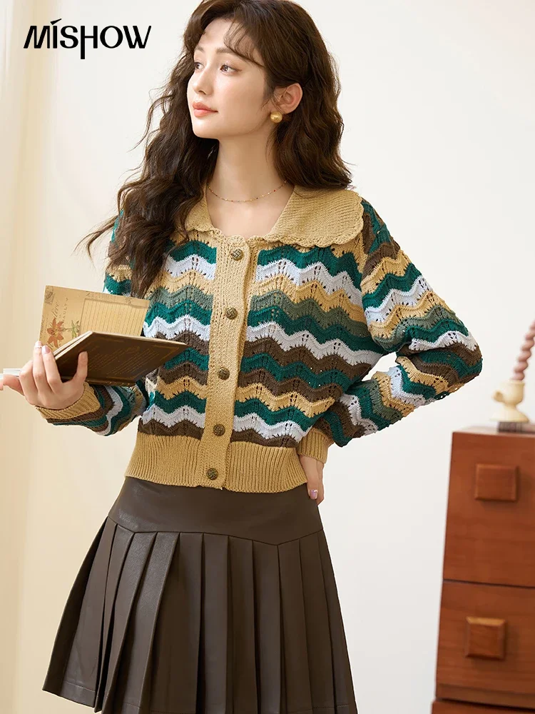 

MISHOW Vintage Wave Stripe Knitted Cardigan 2023 Autumn Contrast Color Polo Collar Single Breasted Commute Short Tops MXC45Z0227