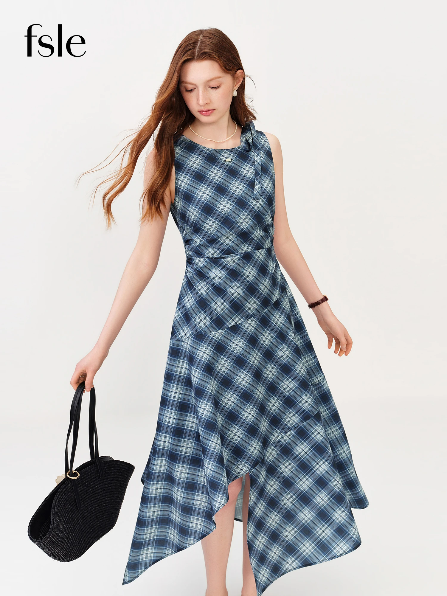

FSLE Women's Vintage Blue Plaid Sleeveless High Waist Irregular Hem Flowy Maxi Dress 2026 Summer New Arrival Elegant Blue Dress