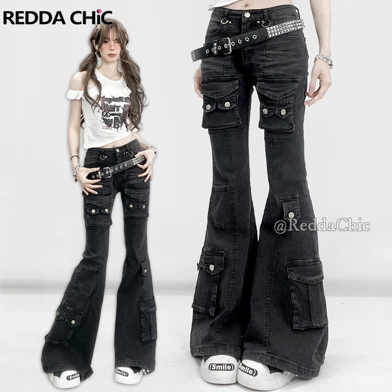 

REDDACHiC Alt Grunge Black Cargo Jeans Whiskers Retro Stretchy Slim Low Waisted Pockets Bootcut Pants Women Harajuku Streetwear