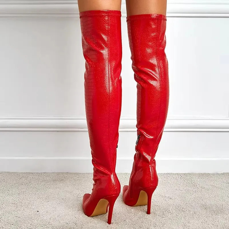 Liyke New Fashion Pink Over The Knee Boots Women Cozy Leather Pointed Toe Zip Thigh High Long Shoes Winter Stiletto Heels Pumps