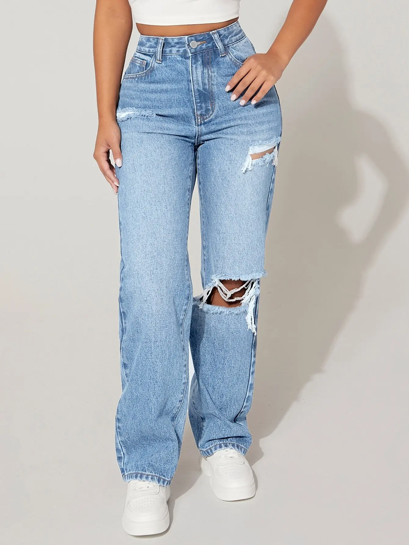 

Women's High Waist Distressed Wide Leg Jeans Casual Denim Pants