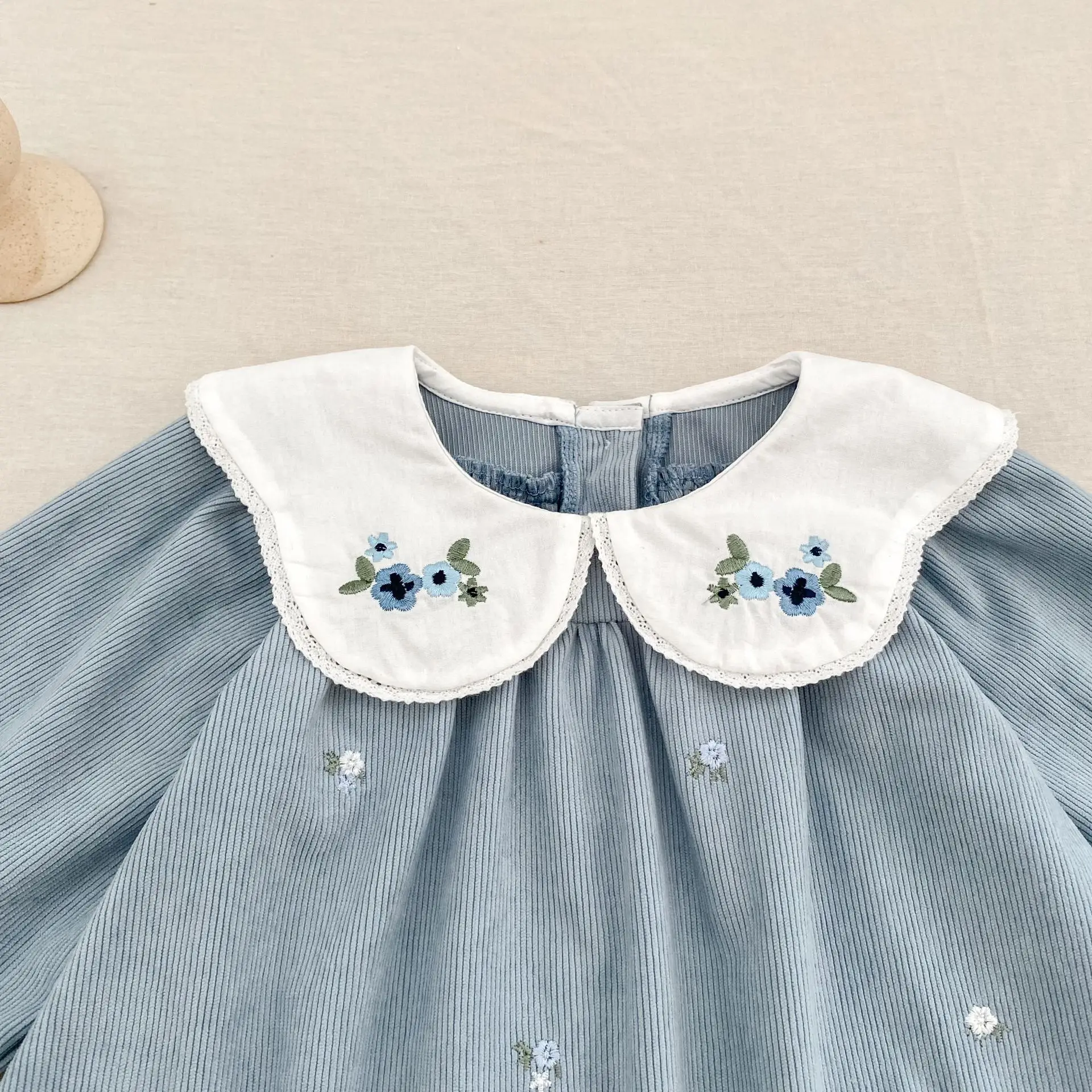 Girls Dresses Cotton Long Sleeve Baby Princess Dress Floral Embroidery Collar Toddler Fall Spring Romper 0-8 Years Korean Style