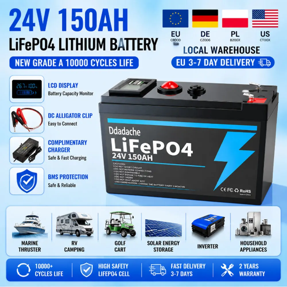 Batterie LiFePO4 24V 150Ah avec BMS intégré, 8000+ cycles, idéale pour les systèmes d'énergie solaire, les camping-cars, les navires marins, les voyages tout-terrain