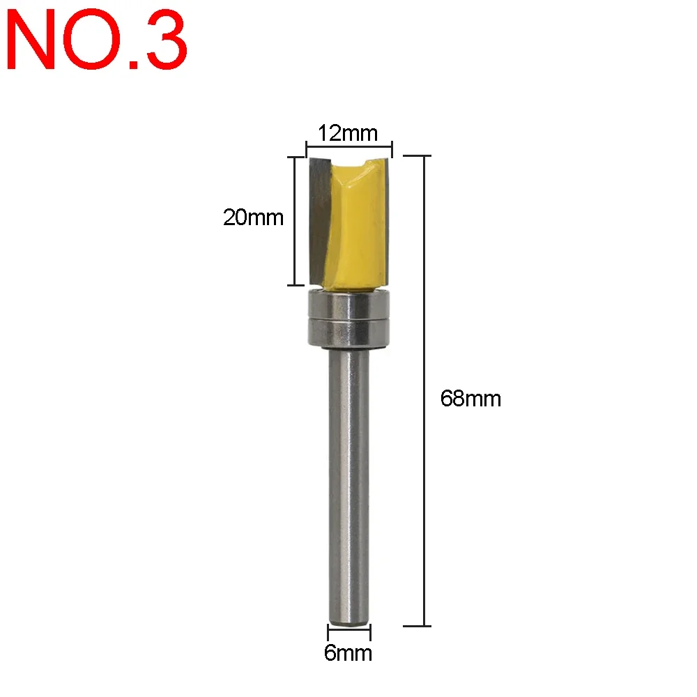 1pc 6mm round Shank Bearing Straight Flush Trim Router Bit 3Flute Top Tungsten bit trim Tenon Woodworking Milling Cutter Tool