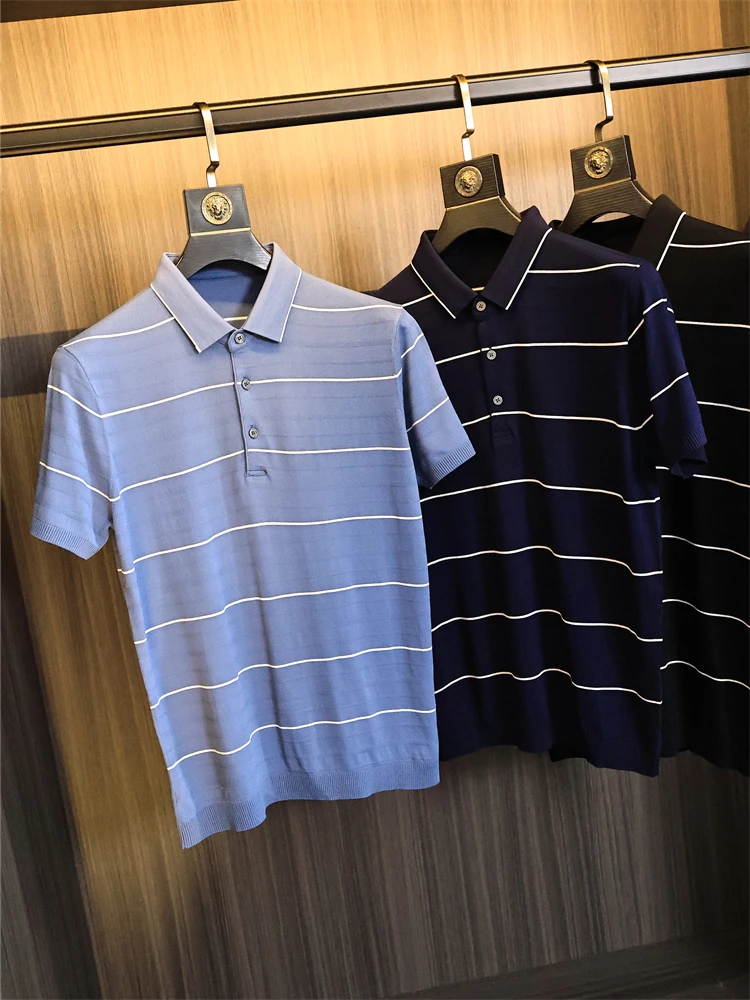 

High Elastici Ice Silk Knitted Men's Summer irt T-irt ort Sve Striped Yarn Stand Fit Busin Casual