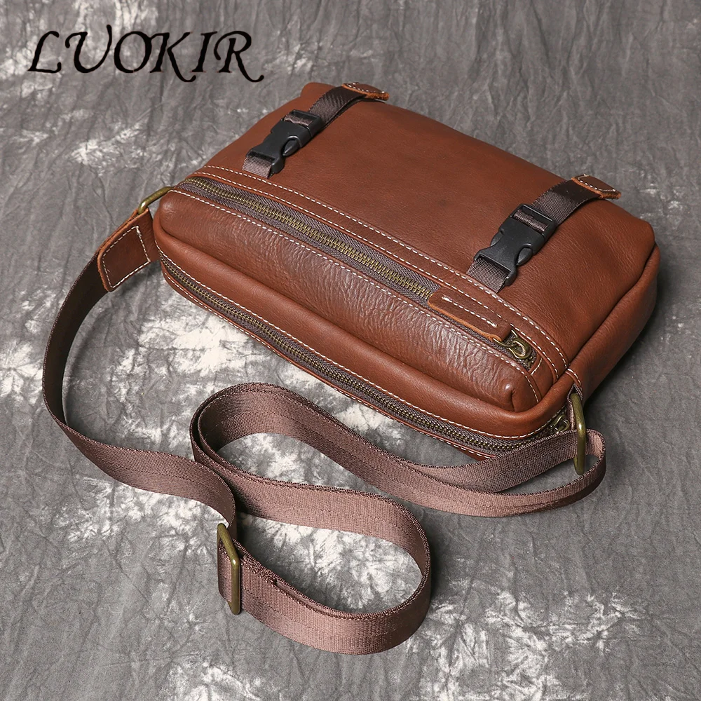 LUOKIR Retro Genuine Leather Men's Shoulder Bag Large Capacity First Layer Cowhide Trendy Casual Crossbody Bag Phone Bag