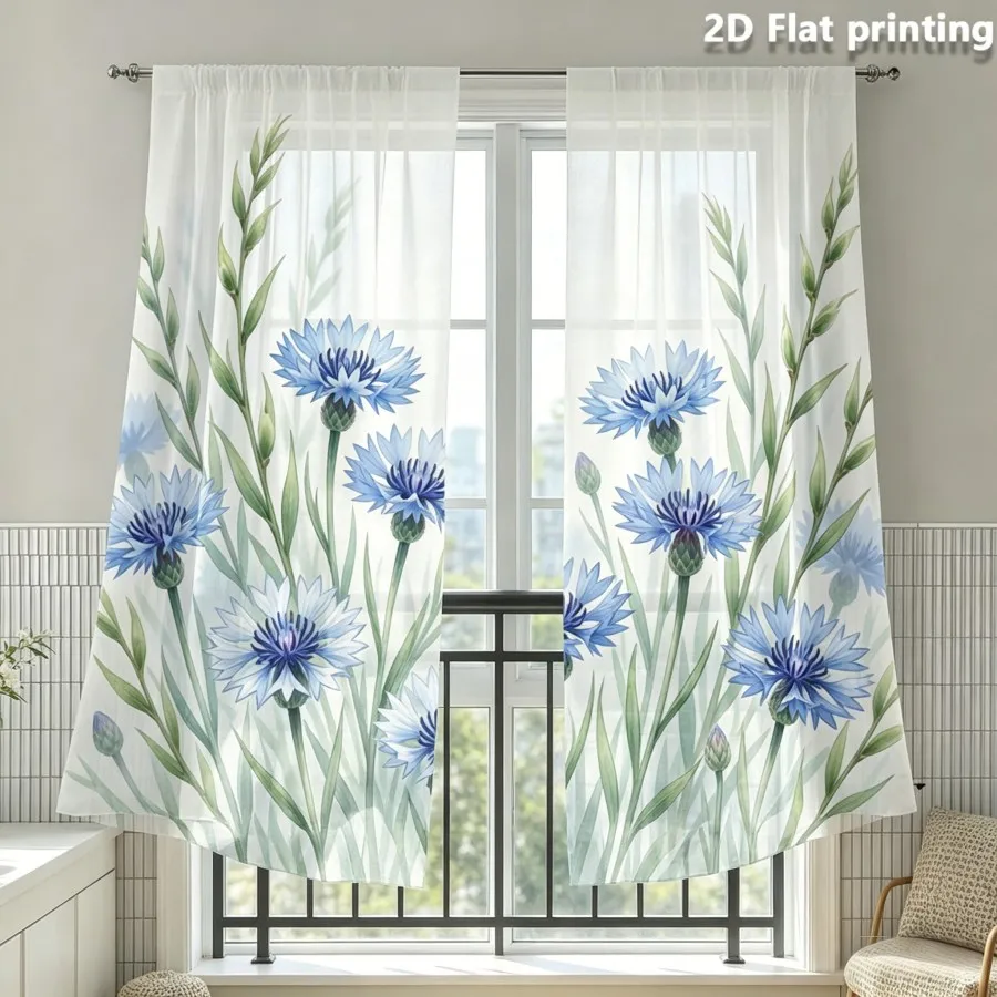 2PCS Digital Print Sheer Curtain, Watercolor Blue Chrysanthemum, Boho Chic Window Curtains for Living Room Bedroom Decor