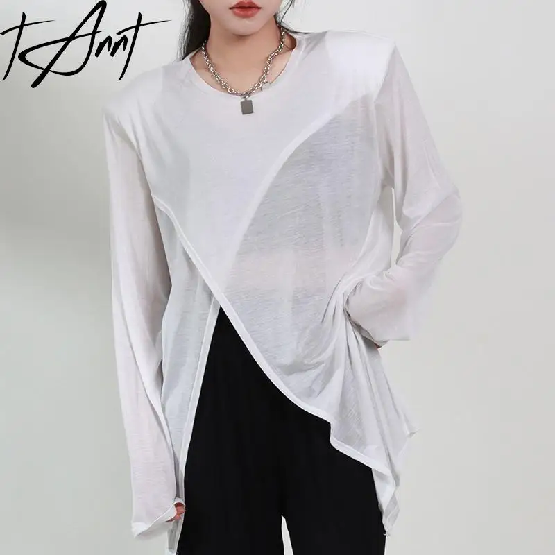 GetSpring Women T Shirt 2024 Split Perspective Shoulder Padded Tshirt Loose Casual Long T Shirts Tee Shirt Female Top Tshirts