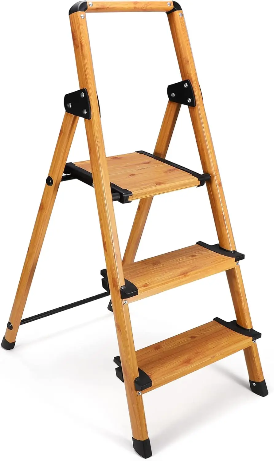 Portable Collapsible Lightweight Aluminum 3 Step Stool Step Ladder with Long Handrails and Safety Latch Mechanism, Woodgra